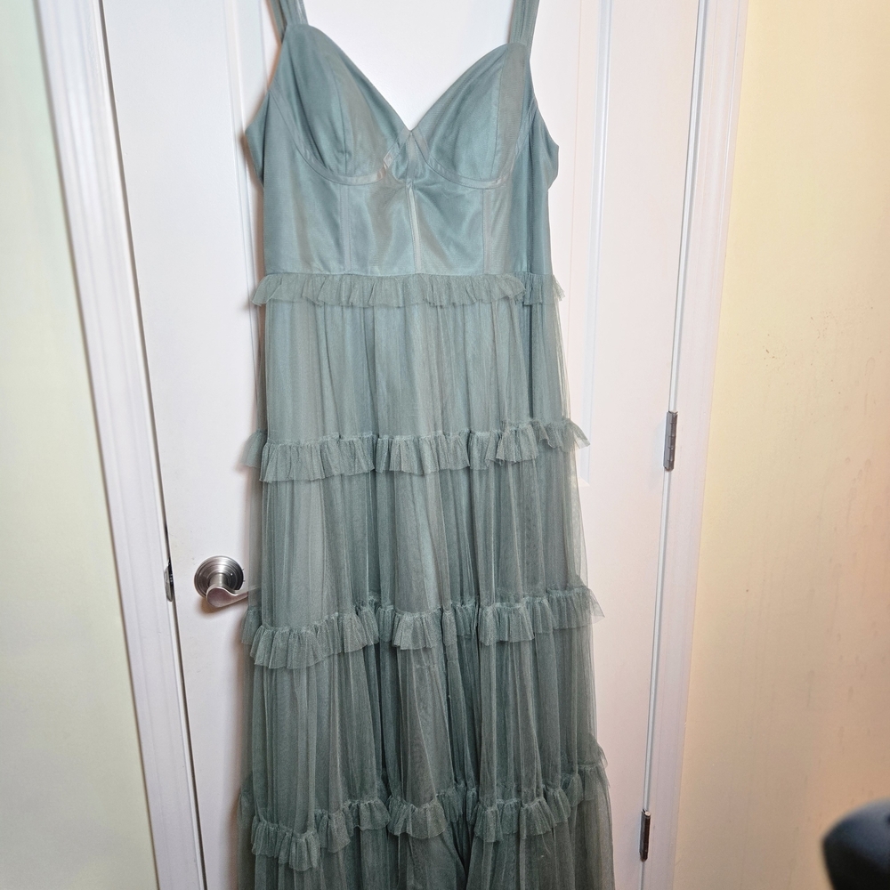 Revelry Tiered Tulle Maxi Dress in Sage Green